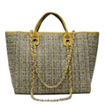 Sac seau en tweed à carreaux avec poignées en cuir jaune et bandoulière chaîne - Jaune