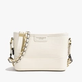 Bolso cubo blanco crema con diseño de cocodrilo, cadena dorada y etiqueta de cuero - Beige