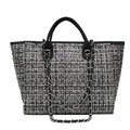 Sac fourre-tout classique en tweed noir et blanc avec anses en cuir et chaîne élégante - Noir