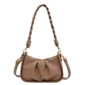 Brown ruched underarm bag for women with woven handle and gold hardware detail - Khaki
