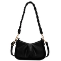 Elegant black ruched shoulder bag with a woven handle and golden metal hardware - Black