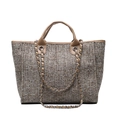 Braune Tweed-Einkaufstasche mit Ledergriffen und Ketten-Schultergurt-Detail - Khaki