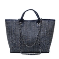 Tragetasche aus mehrfarbigem Tweed in Blau und Braun mit Ledergriff und Kette - Blau