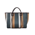 Large striped woven tote bag with brown leather handles and silver chain detail for women - Dark Green