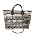 Bolso tote de lona con patrón geométrico étnico blanco y negro y correa de cadena - Negro Étnico