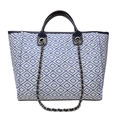 Bolso saco de tejido azul y blanco con asas de cuero y correa de cadena chic - Cuadros Azul