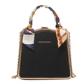 Elegant black leather square crossbody bag with gold frame and silk scarf handle - Black