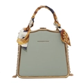 Mint green fashion handbag with trapezoid shape, silk scarf handle and gold chain strap - Light Green