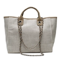 Cremefarbene Web-Einkaufstasche mit braunem Rand und Leder-Metallketten für Damen - Khaki
