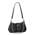 Fashionable dark denim shoulder bag in black with silver chain and white contrast stitching - Black