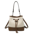 Sac seau à cordon bicolore en toile beige et garniture en cuir marron avec sangle - Marron