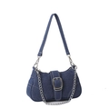 Dark blue denim small square bag with silver buckle and detachable chain strap - Dark Blue