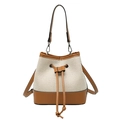 Sac seau en toile beige et cuir marron avec fermeture à cordon et poignée ronde - Marron