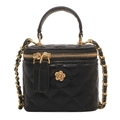 Schwarze gesteppte Mini-Eimertasche mit Goldblumen-Logo und Leder-Kettengurt - Schwarz-Klein