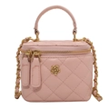 Rosa gesteppte Mini-Kosmetiktasche mit goldener Kamelie und eleganter Kettenschulterkette - Rosa-Klein