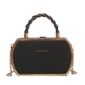Chic black hexagonal leather handbag with gold frame and chain strap in a white background - Black