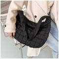 Black quilted down tote bag with large capacity and soft padded shoulder straps for women - Black
