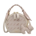 Beige runde Umhängetasche mit Pferdemuster-Jacquard und rosa Seidenschal-Griff - Cremeweiß Mit Anhänger