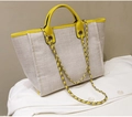 Cream canvas bucket tote bag with yellow leather trim and metallic chain strap - M / Yellow