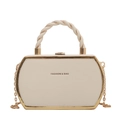 Cream chain crossbody bag with gold hexagonal trim and top handle for women - Off-white
