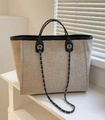 Large beige canvas tote bag with black leather trim and chain shoulder strap - M / Khaki and Black