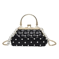 Petit sac à main noir matelassé avec perles et poignée en métal doré rétro - Noir