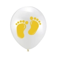 Detail of a 12 inch white latex balloon with yellow baby footprints for party decor - Footprint White Style