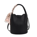 Black leather bucket bag with lychee texture and floral silk scarf wrapped handle - Black