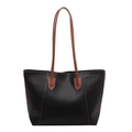 Black tote bag with brown straps and white contrast stitching for women's commuting - Black