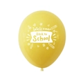 Detail of yellow Welcome Back to School latex balloon with white pencil and star doodles - Yellow