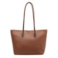 Caramel brown large tote bag in smooth faux leather with V-stitch shoulder straps - Brown