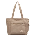 Borsa tote in tela beige capiente con design multitasche e toppa decorativa - Cachi
