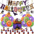 Detailoverzicht van Halloween-feestset met pompoenbanners, ballonnen en taartdecoratie - Spiralen + Banner + Ballonnen + Toppers + Lint (Stijl B)