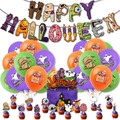 Halloween feest decoratieset met Happy Halloween banner, ballonnen en cake toppers - Banner + Ballonnen + Toppers + Lint (Stijl A)