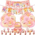 Two Groovy birthday party kit with retro hippie banners, daisy balloons and cake toppers - Banner + 24 Balloons + 16 Cake Inserts + 2 Ribbons