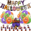 Halloween feestset met HAPPY HALLOWEEN banner, pompoen ballonnen en enge taarttoppers - Banner + Paillettenballonnen + Toppers + Lint (Stijl D)