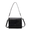 Classic black square flap shoulder bag in matte faux leather with silver metal buckle - Black