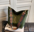 Dark green faux leather tote bag with colorful ethnic style adjustable woven shoulder strap - Green