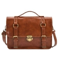 Classic vintage brown PU leather backpack with buckle details and brass lock - Caramel