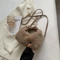 Brown plush faux fur handbag with leather knot handle and adjustable crossbody strap - Light Coffee