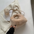 Elegant beige faux fur plush handbag with leather handle and adjustable shoulder strap - Light Khaki