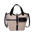 Damen Canvas-Eimertasche aus beigem Stoff mit schwarzem Lederbesatz und modischem Handgriff - Schwarz
