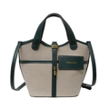 Retro-Bucket-Bag aus Segeltuch in Beige mit dunkelgrünem Lederbesatz und Logo - Grün