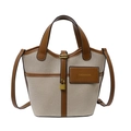 Borsa a secchiello in tela beige e pelle marrone con lucchetto decorativo - Marrone
