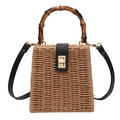 Stilvolle Strohtasche mit Bambusgriff und goldenem Drehverschluss für Damen - Khaki