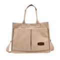 Minimalist beige corduroy tote bag for women with dual front pockets and canvas straps - Khaki