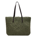 Minimalist grass green straw tote bag with brown leather handles for summer beach vacations - Green