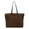Handmade brown straw woven tote bag with dark brown leather straps for summer beach vacation - Brown