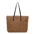Straw woven tote bag with dark brown leather handles for summer beach holidays - Brown