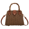 Straw woven handbag with vintage bamboo handles and brown faux leather crossbody strap - Khaki